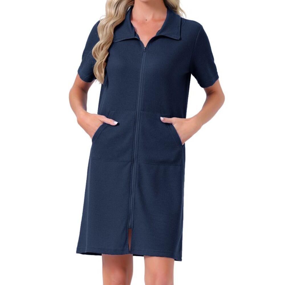 Women's Zipper Bathrobe Waffle Short Sleeve Pajama Blue